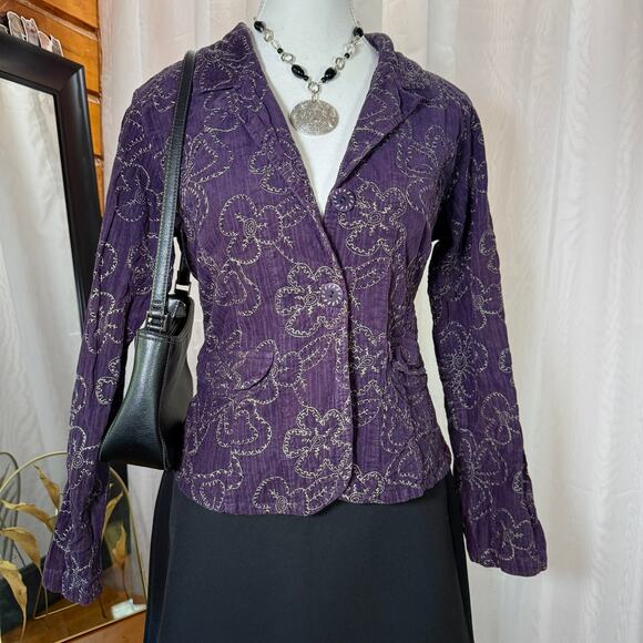Flax Jackets & Blazers - FLAX Purple Embroidered 100% Cotton Blazer Jacket Petite Cottagecore Academia